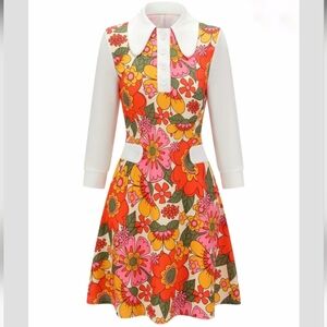 Retro Stage Orange & Pink 1960s Retro Lapel Flowers Patchwork Mod Mini Dress M